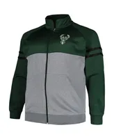 Men's Fanatics Hunter Green, Heather Gray Milwaukee Bucks Big and Tall Pieced Stripe Raglan Full-Zip Track Jacket