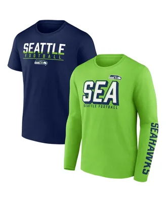 Men's Fanatics Neon Green, College Navy Seattle Seahawks Two-Pack T-shirt Combo Set