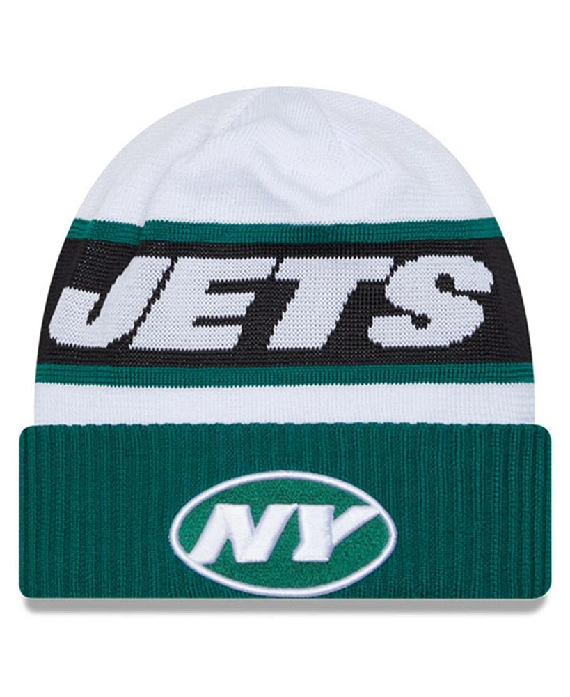 Men's New Era White, Green New York Jets 2023 Sideline Tech Cuffed Knit Hat