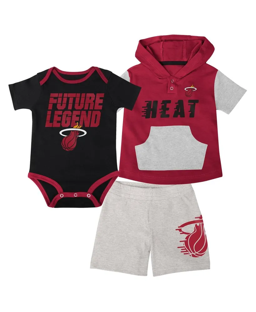 Infant Boys and Girls Black, Red, Gray Miami Heat Bank Shot Bodysuit, Hoodie T-shirt and Shorts Set