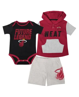 Infant Boys and Girls Black, Red, Gray Miami Heat Bank Shot Bodysuit, Hoodie T-shirt and Shorts Set