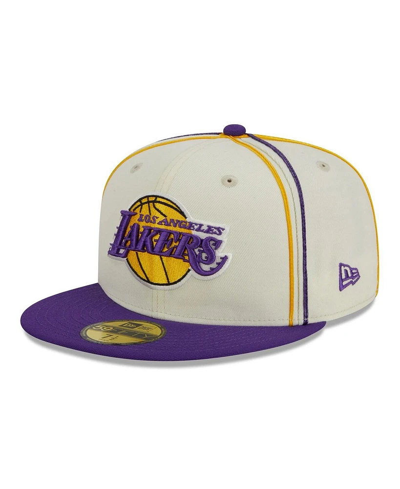 Men's New Era Cream, Purple Los Angeles Lakers Piping 2-Tone 59FIFTY Fitted Hat