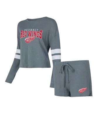Women's Concepts Sport Gray Distressed Detroit Red Wings Meadow Long Sleeve T-shirt and Shorts Sleep Set