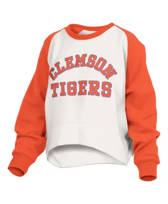 Women's Pressbox White Clemson Tigers Lotus Raglan Pullover Sweatshirt