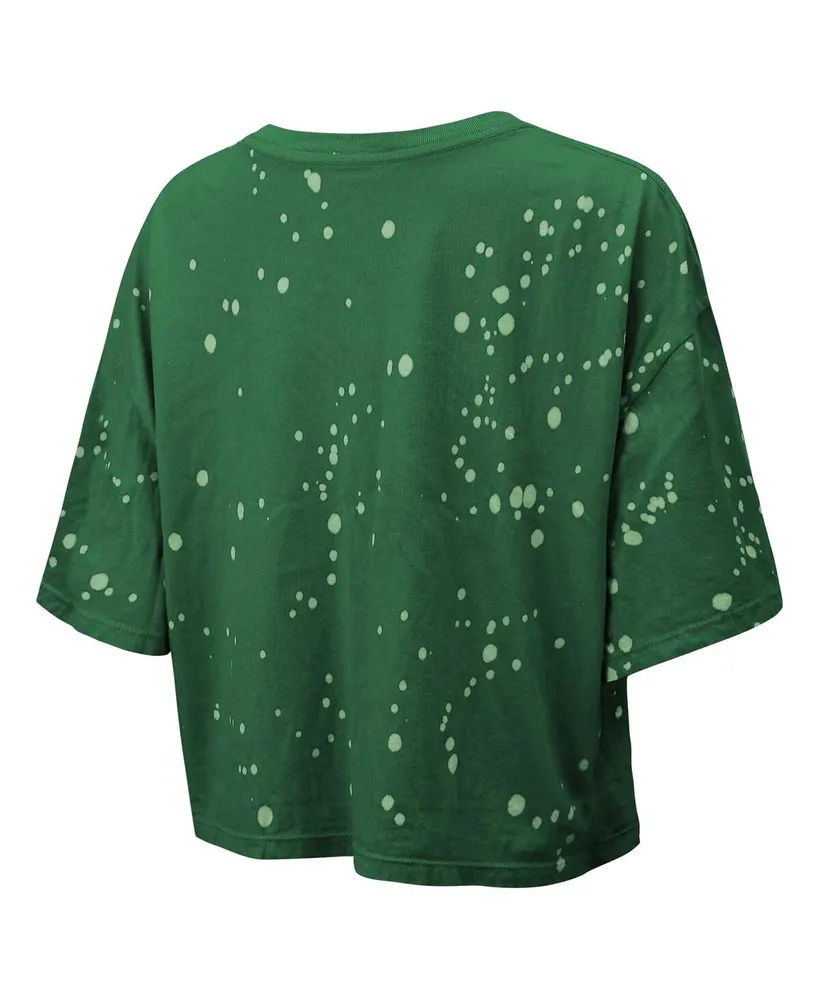 Women's Majestic Threads Green Distressed New York Jets Bleach Splatter Notch Neck Crop T-shirt