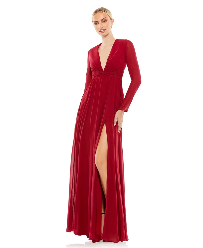 Mac Duggal Women's Ieena V-Neck Front Twist Long Sleeve Gown