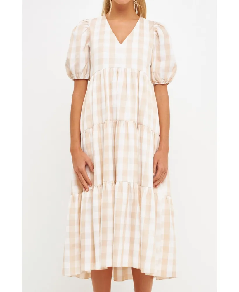 English Factory Women's Gingham Puff Sleeve Tiered Midi