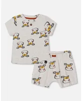 Baby Boy Organic Cotton Top And Short Set Heather Beige With Printed Dog - Infant