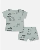Baby Boy Organic Cotton Top And Short Set Sage With Printed Jungle - Infant