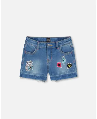 Girl Blue Jean Short With Funny Patches