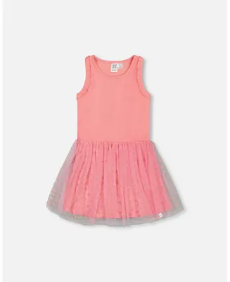 Girl Shiny Ribbed Dress With Mesh Flocking Flowers Pink