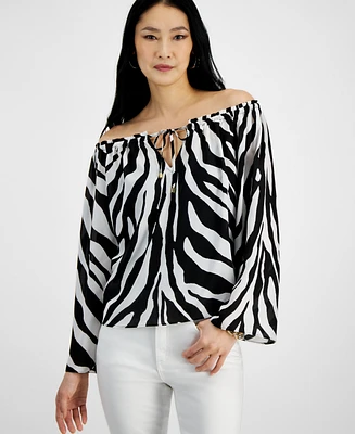 I.n.c. International Concepts Petite Zebra-Print Off-The-Shoulder Blouse, Created for Macy's