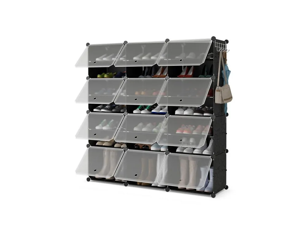 12-Cube 48 Pairs Portable Shoe Shelves with Hook-Black | Costway