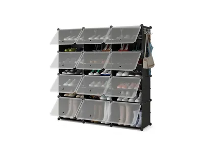 12-Cube 48 Pairs Portable Shoe Shelves with Hook-Black