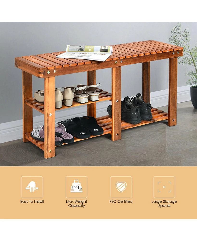 3-Tier Freestanding Wooden Shoe Organizer with Seat