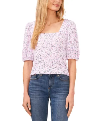 CeCe Women's Floral Print Square Neck Puff-Sleeve Knit Top