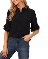 CeCe Women's Short Sleeve Ruffle Button Down Blouse