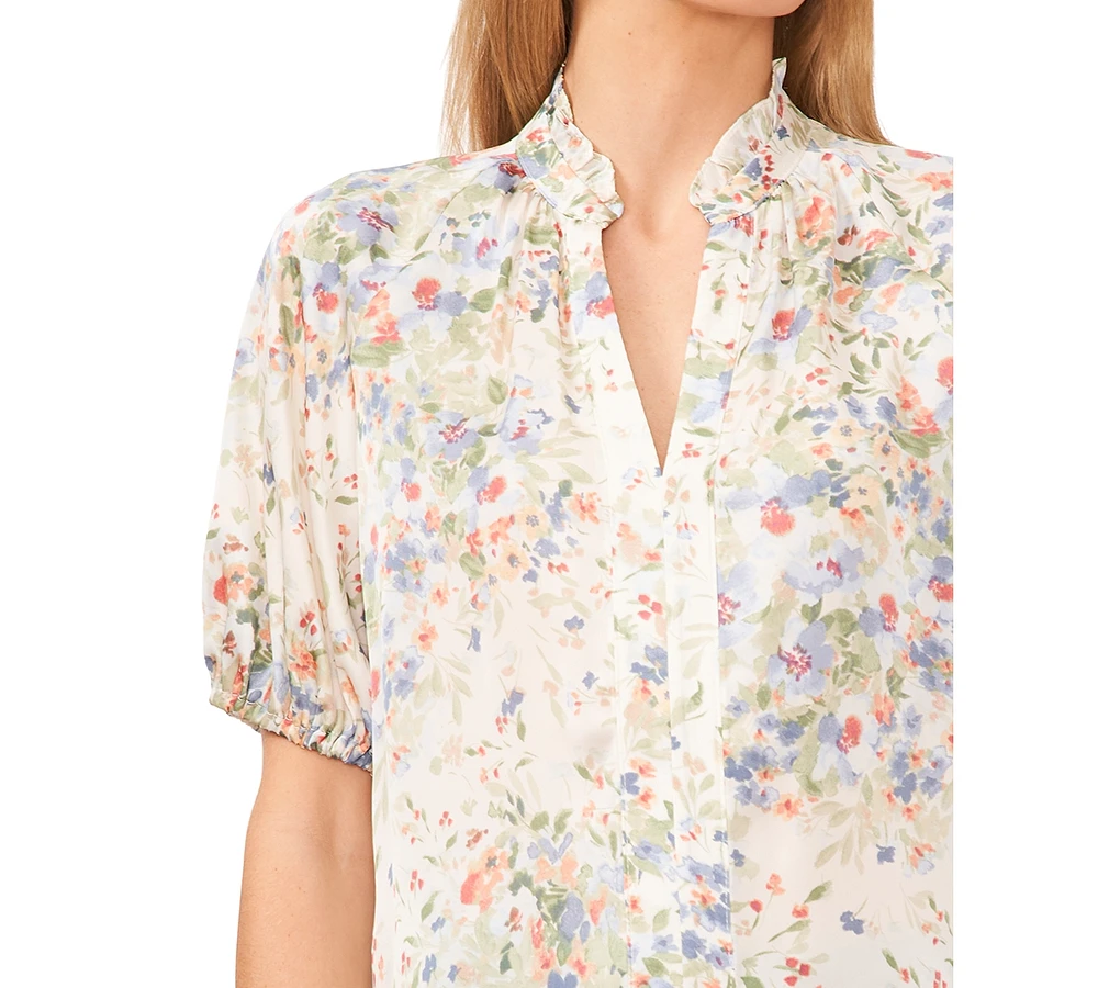 CeCe Women's Floral Ruffle-Collar Short-Sleeve Top