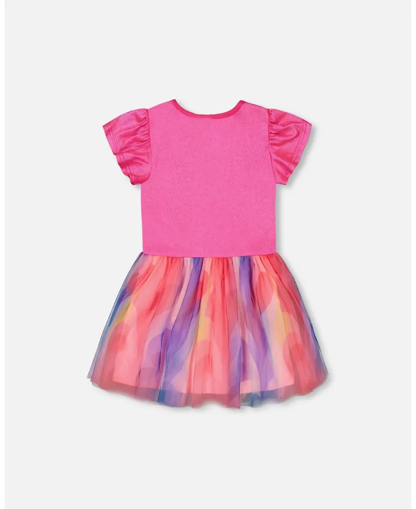 Girl Bi-Material Shiny Rib And Mesh Dress Fuchsia With Printed Rainbow Heart