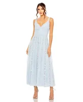 Women's Ruffle Floral Embroidered Detail Tea Length Dress