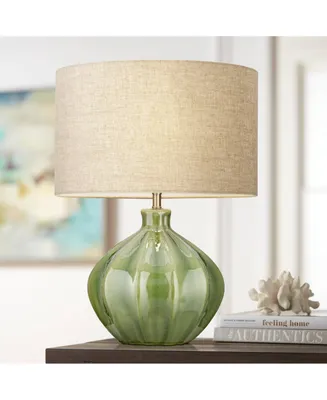 Gordy Modern Accent Table Lamp Handcrafted 20.5" High Ribbed Green Ceramic Oatmeal Fabric Drum Shade Decor for Living Room Bedroom House Bedside Night