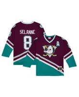 Men's Mitchell & Ness Teemu Selanne Purple Anaheim Ducks 1996/97 Alternate Captain Patch Blue Line Player Jersey