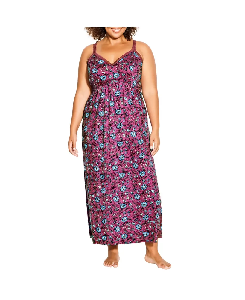 Womens Plus size Lace Trim Maxi Sleep Dress - purple