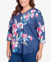 Alfred Dunner Plus Size In Full Bloom Placed Floral V-neck Top