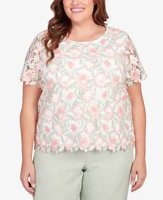 Alfred Dunner Plus Size English Garden Lace Floral Scallop Hem Top