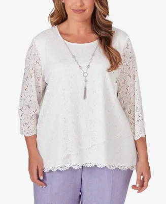 Alfred Dunner Plus Size Isn't It Romantic Lace Tulip Hem Top with Necklace