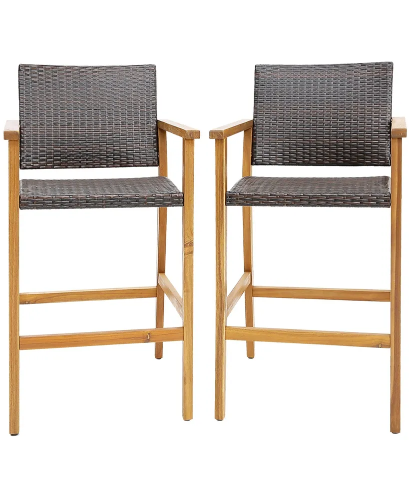 2PCS Patio Pe Wicker Bar Chairs Height Barstools with Acacia Wood Armrests