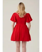 Nana'S Women's Puffed Sleeve Mini Cocktail Dress with Rose Detail