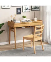 Bamboo Writing Desk 39.5'' Computer Study Desk with 2 Storage Drawers & Open Shelf