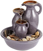 Triple Jug Zen Indoor Cascading Small Tabletop Water Fountain Chocolate Speckle Ceramic Real River Rock 9" for Table Desk