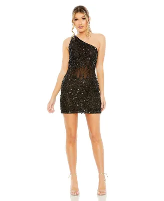 Women's One Shoulder Sheer Hand Beaded Mini Dress