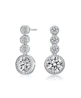 Sterling Silver with White Gold Plated Clear Round Cubic Zirconia Bezel Set Three Tier Drop Earrings