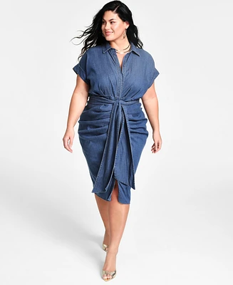 Nina Parker Trendy Plus Size Denim Ruched Tie-Front Dress