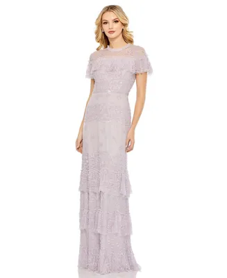 Women's Embellished Cap Sleeve Ruffle Tiered Gown