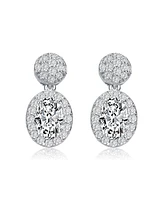 Sterling Silver with White Gold Plated Clear Oval and Round Cubic Zirconia Halo with Cluster Post Drop Earrings