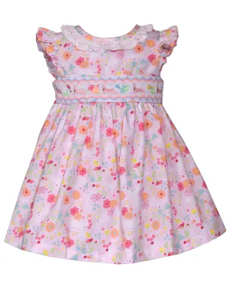 Bonnie Baby Baby Girls Smocked Flutter Sleeved Bunny Print Poplin Dress