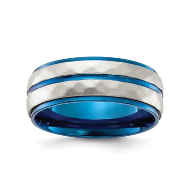 Chisel Stainless Steel & Sand-blasted Faceted Blue Ip-plated Band Ring