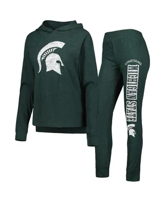 Women's Concepts Sport Heathered Green Distressed Michigan State Spartans Long Sleeve Hoodie T-shirt and Pants Sleep Set
