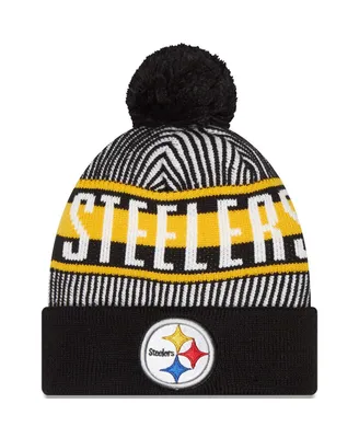 Youth Boys New Era Black Pittsburgh Steelers Striped Cuffed Knit Hat with Pom