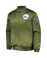 Men's Mitchell & Ness Olive Philadelphia 76ers Hardwood Classics Retro Satin Full-Zip Jacket