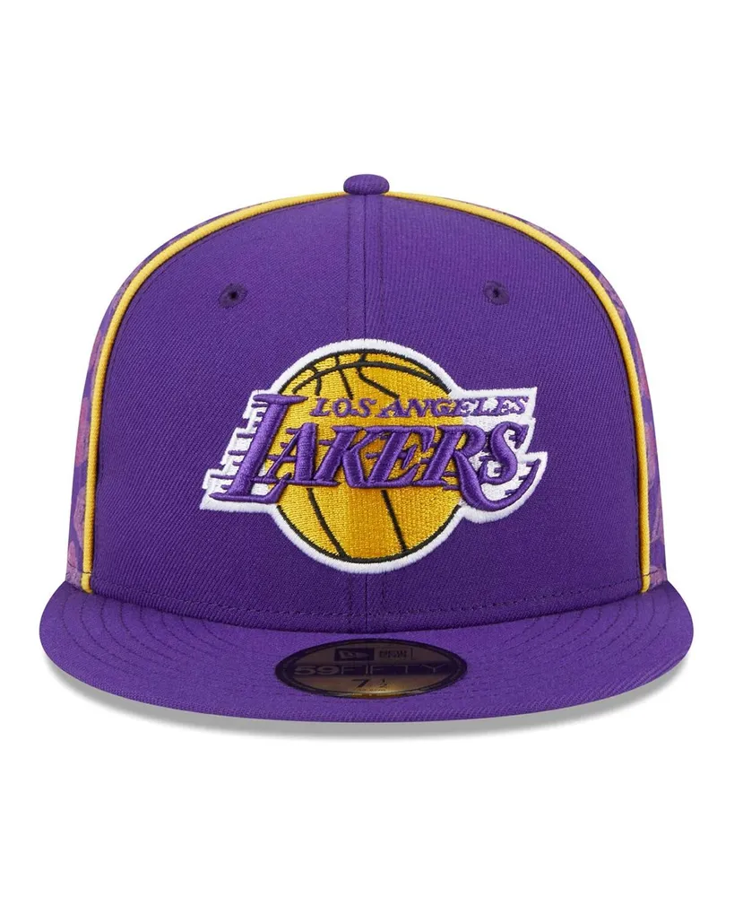Men's New Era Purple Los Angeles Lakers Piped and Flocked 59Fifty Fitted Hat