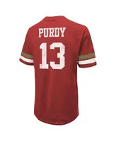 Men's Majestic Threads Brock Purdy Scarlet Distressed San Francisco 49ers Name and Number Oversize Fit T-shirt