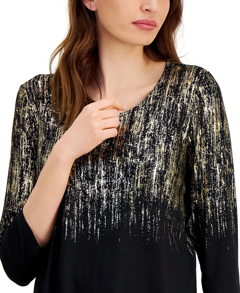 Jm Collection Women's Foil-Print Knit 3/4-Sleeve Top, Created for Macy's