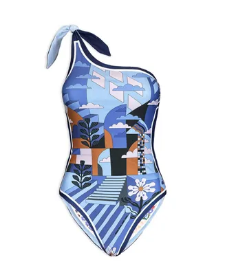 Jessie Zhao New York Blue Imagination Reversible One-Shoulder Swimsuit