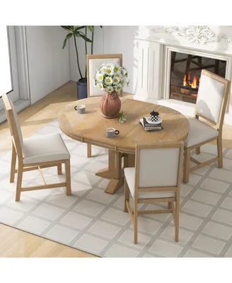 Simplie Fun 5-Piece Dining Set Extendable Round Table And 4 Upholstered Chairs Farmhouse Dining Set