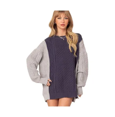 Women's Two tone oversized cable knit sweater - Navy-and